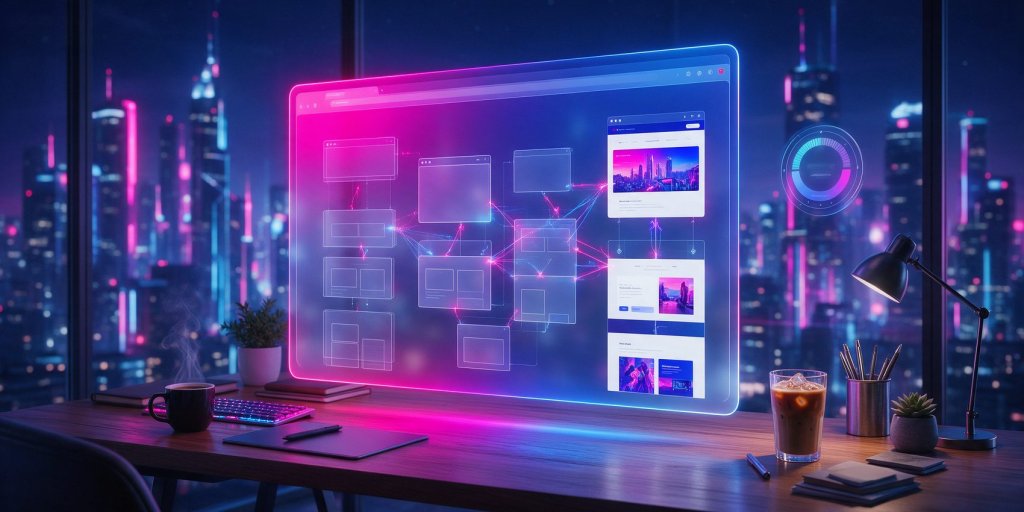 Webflow AI review: holographic browser canvas assembling a website layout