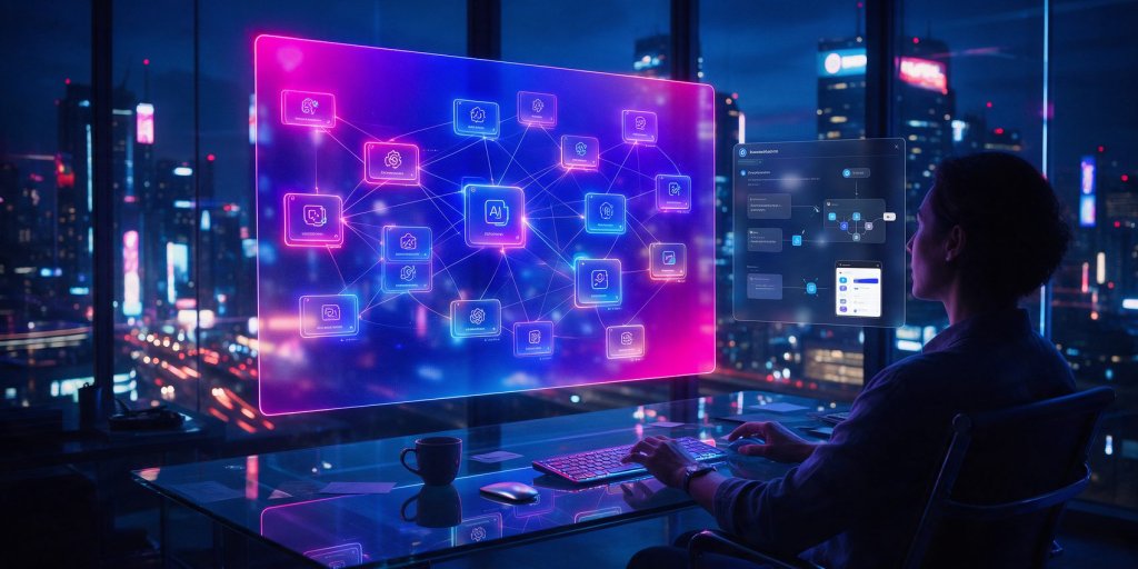 Abacus AI review: a professional working with many AI models and an agent on holographic screens