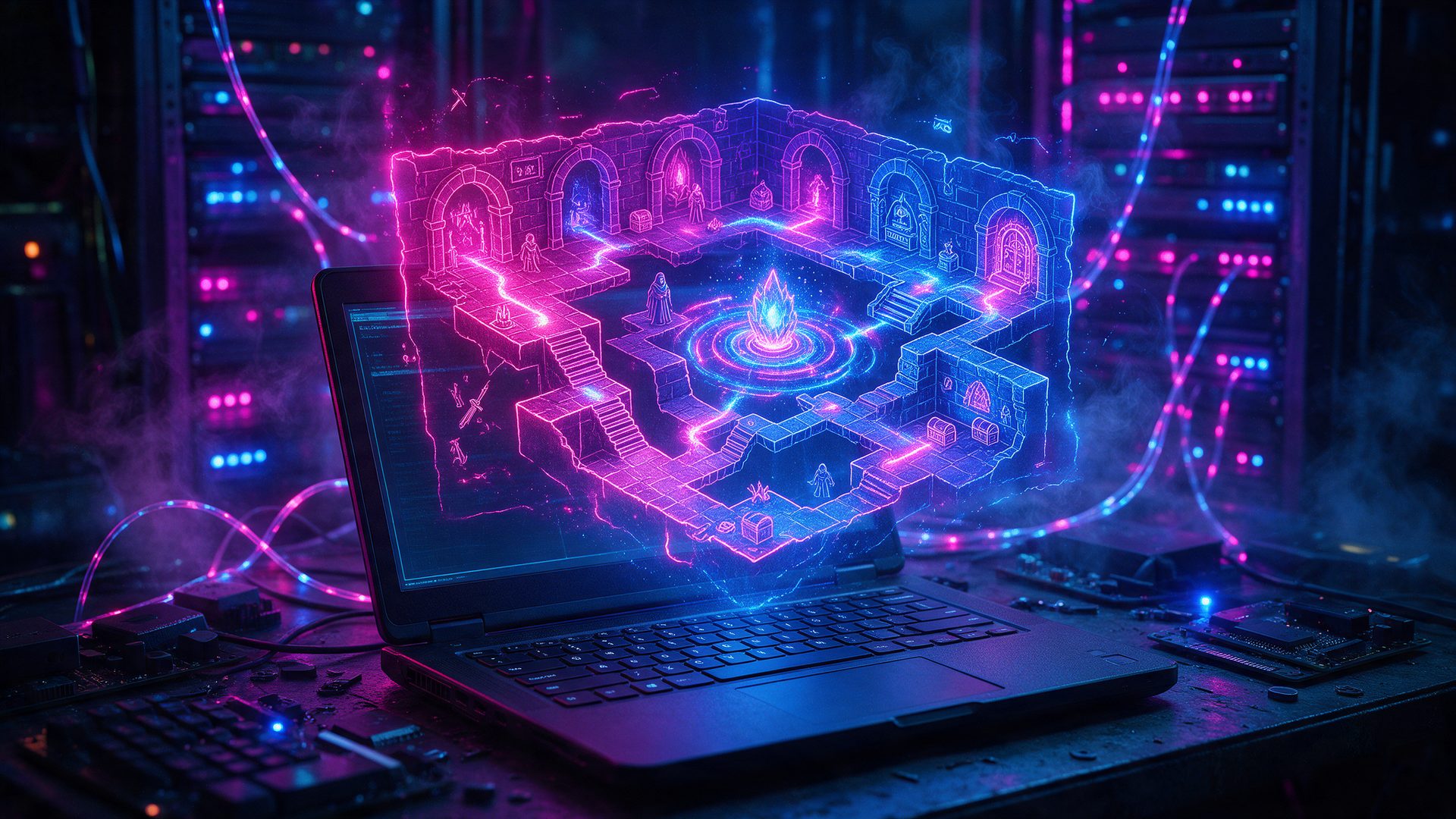 AI Dungeon review: a glowing fantasy dungeon map rising out of a laptop screen
