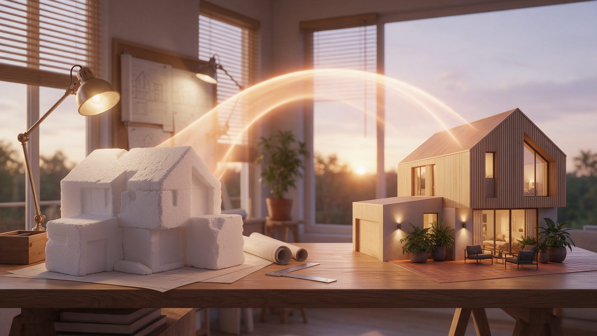 AI in architecture: a foam massing model turning into a photorealistic house render