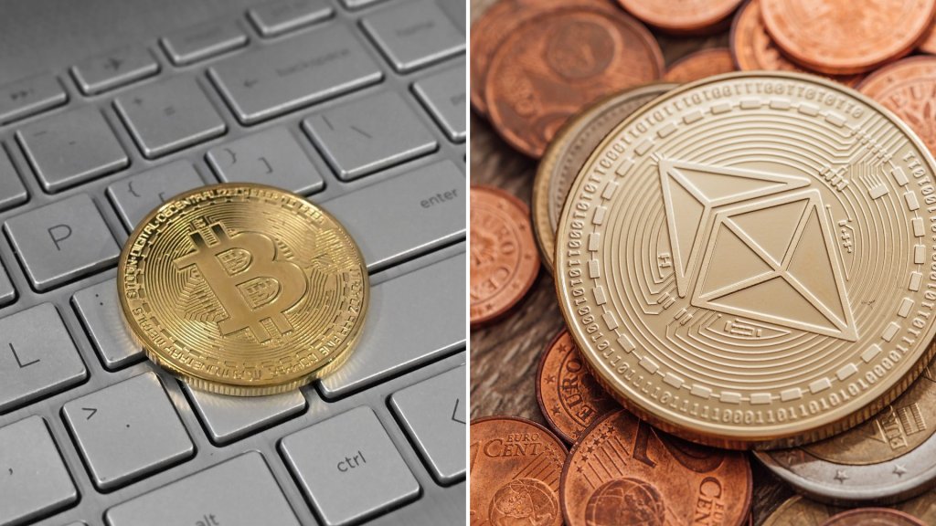 AI price forecast Bitcoin vs Ethereum: a gold Bitcoin coin on a laptop keyboard beside a physical Ethereum coin