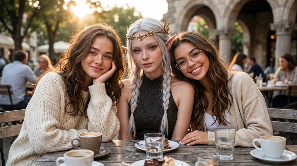 AmorLink AI review: Sophia, Elara and Lana, the three AI companions we built, sharing coffee at a sunny cafe
