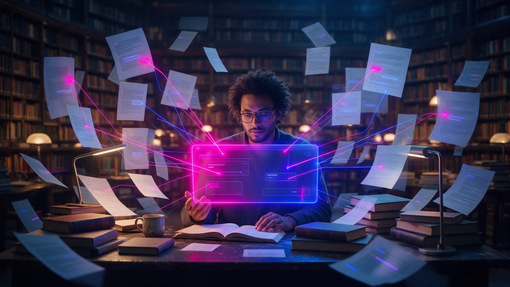 Anara AI review: a researcher surrounded by papers linked to one cited answer