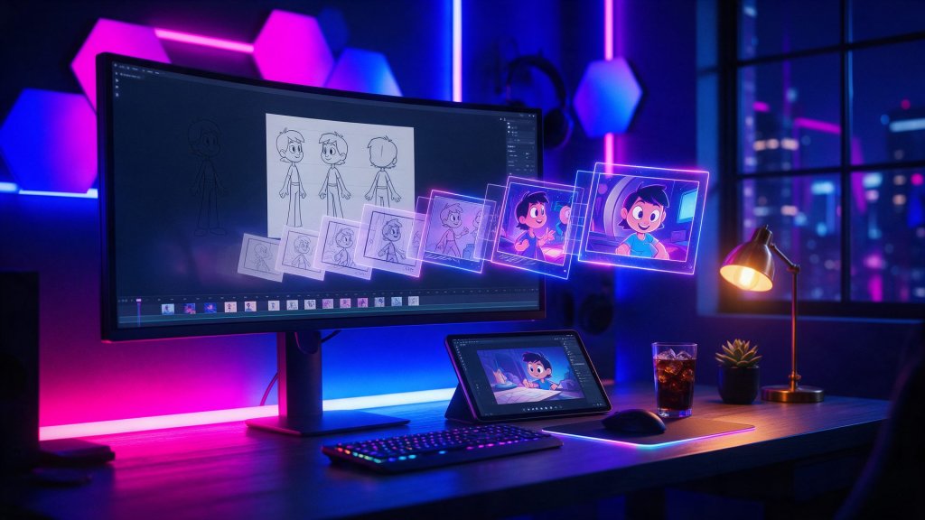 AutoDraft AI review: a storyboard sketch turning into a finished 2D cartoon scene on a creator desk
