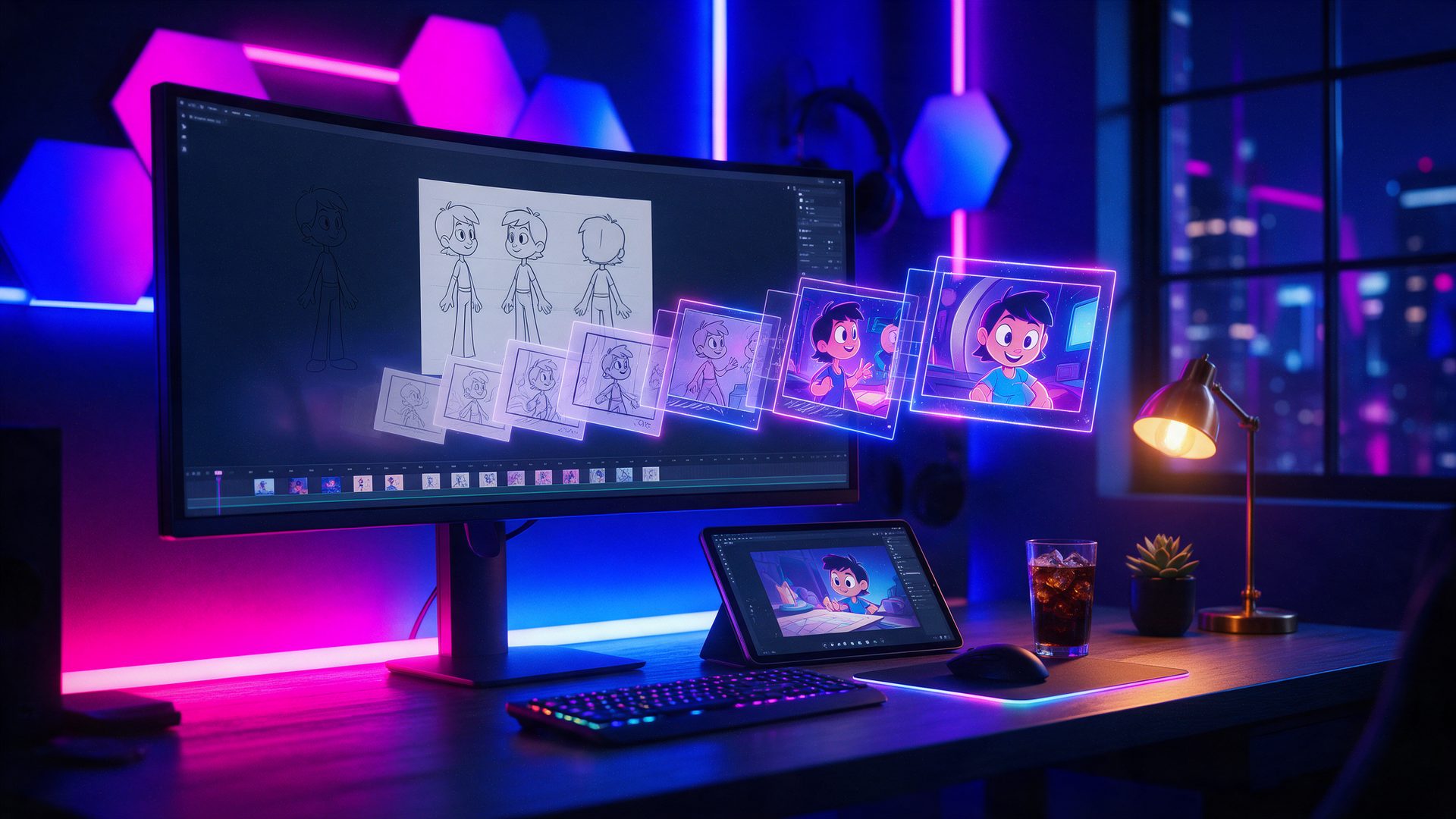 AutoDraft AI review: a storyboard sketch turning into a finished 2D cartoon scene on a creator desk