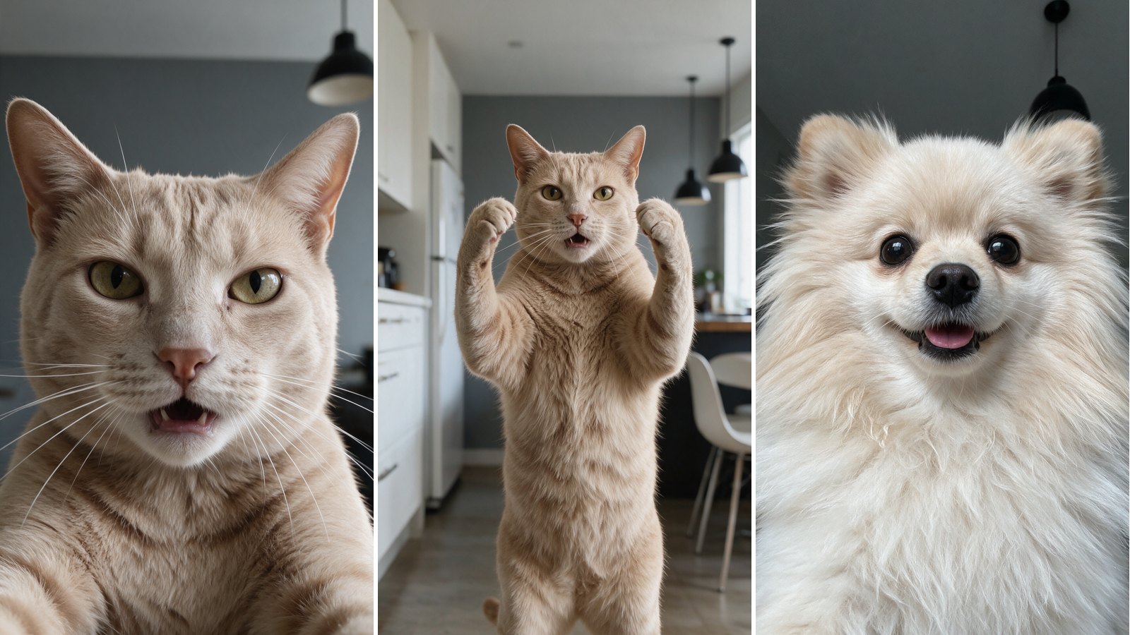 Bad Times AI trend examples: a cat and a Pomeranian lip-syncing