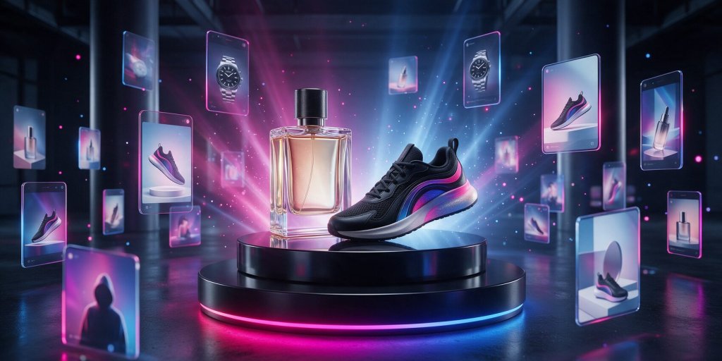 Best AI ad generator collection header: product on a pedestal surrounded by AI generated ad frames