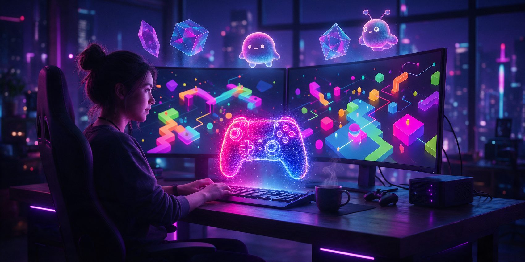 AI game maker collection header with a developer and holographic game shapes