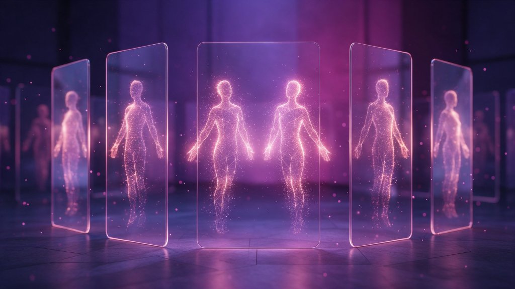 Candy AI creators shown as glowing digital twins on glass panels