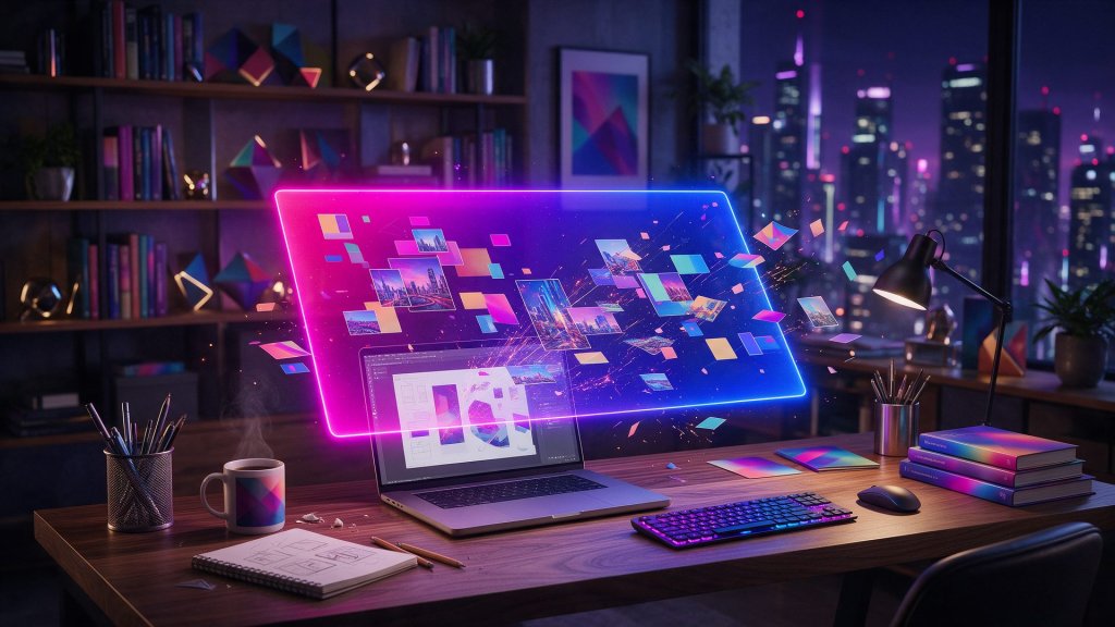Canva AI review: a glowing design canvas with layouts assembling above a laptop at night