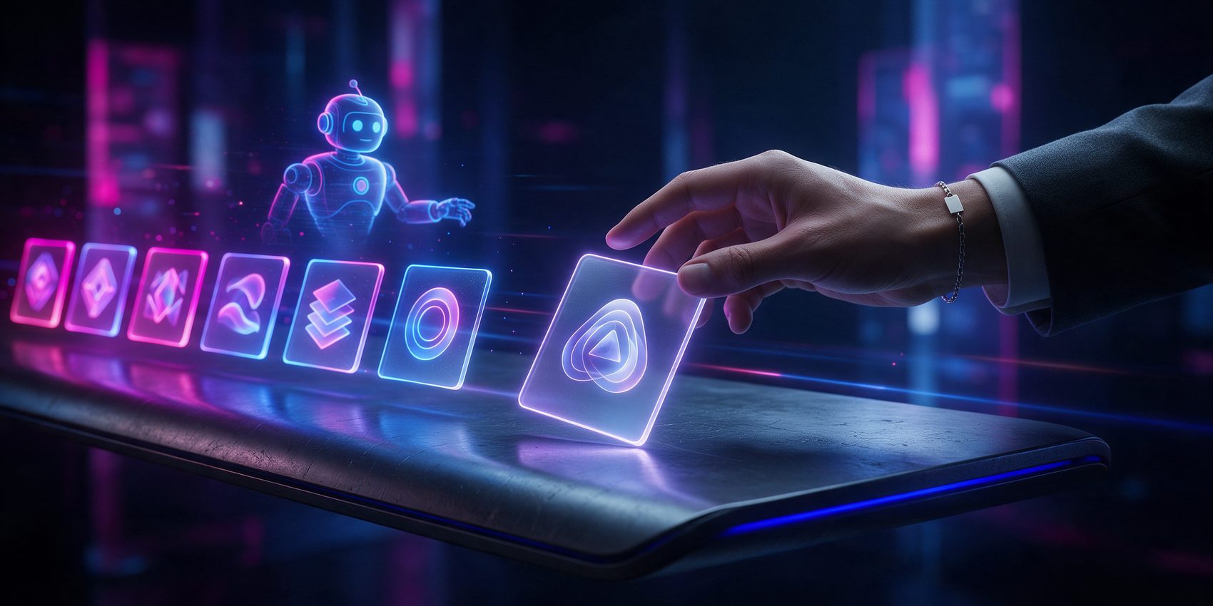 Capafy AI review: a hand places a glowing agent skill card on a marketplace shelf