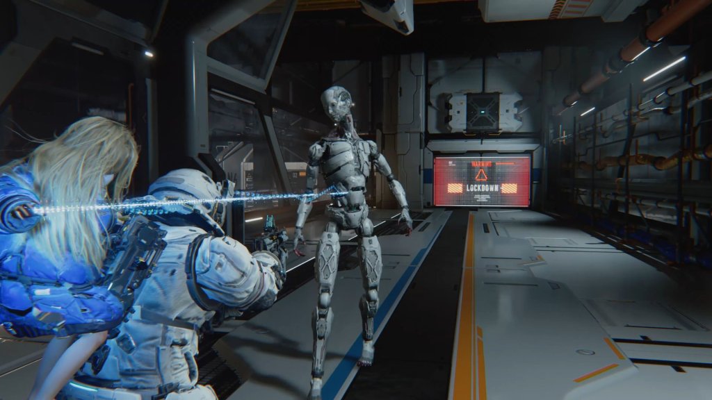 Capcom RE Engine AI plans: a Pragmata gameplay scene with an android in a space station corridor, rendered in RE Engine