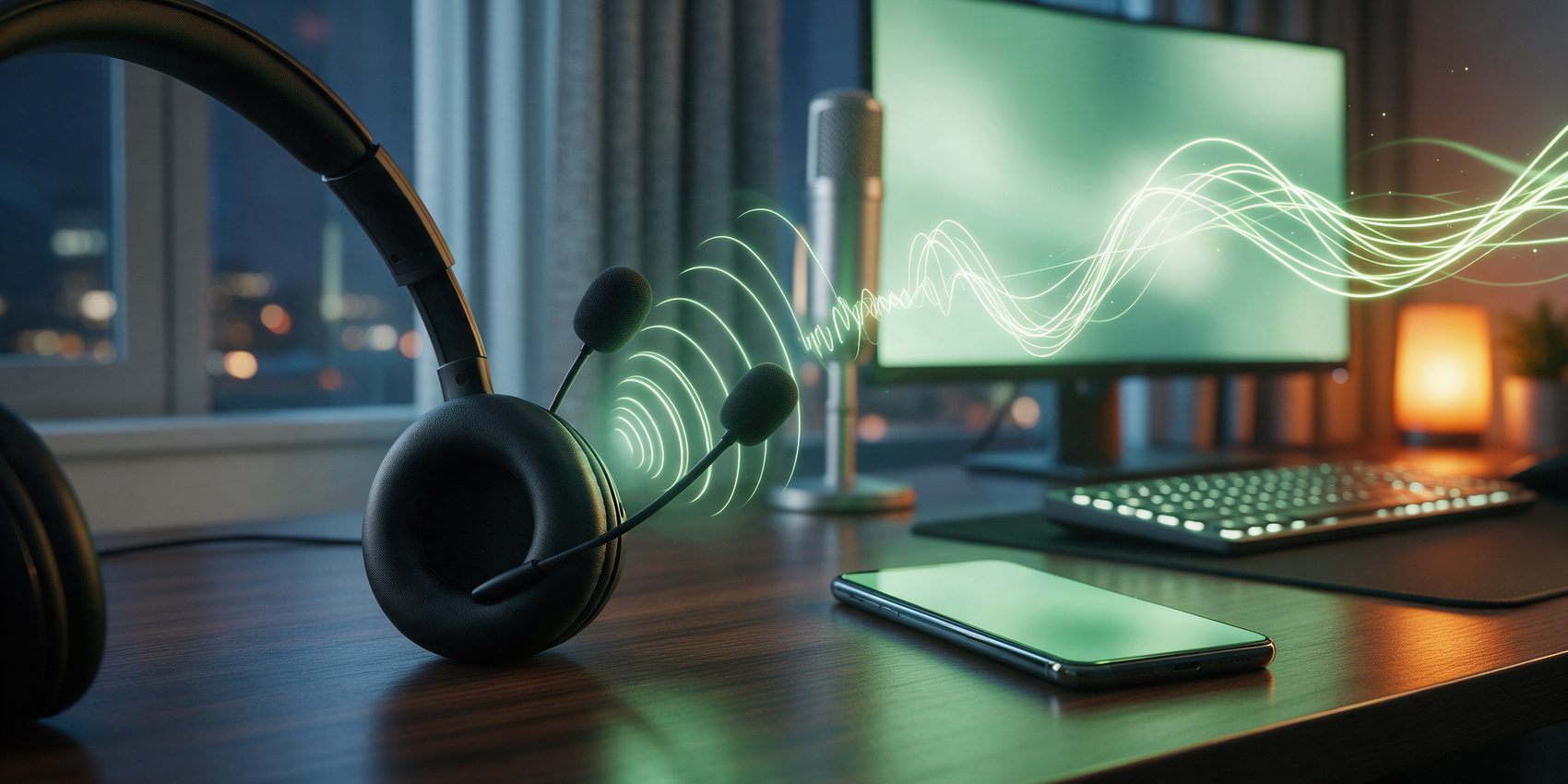 Cartesia AI review, a voice agent headset with green sound waves
