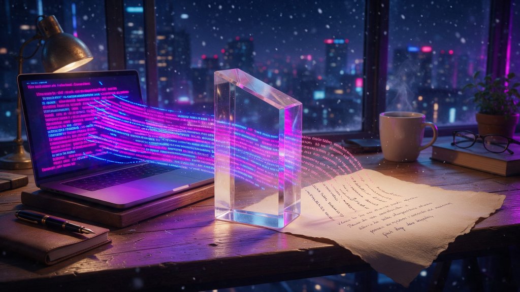Clever AI Humanizer review concept: robotic text passing through a glass prism and turning into handwriting