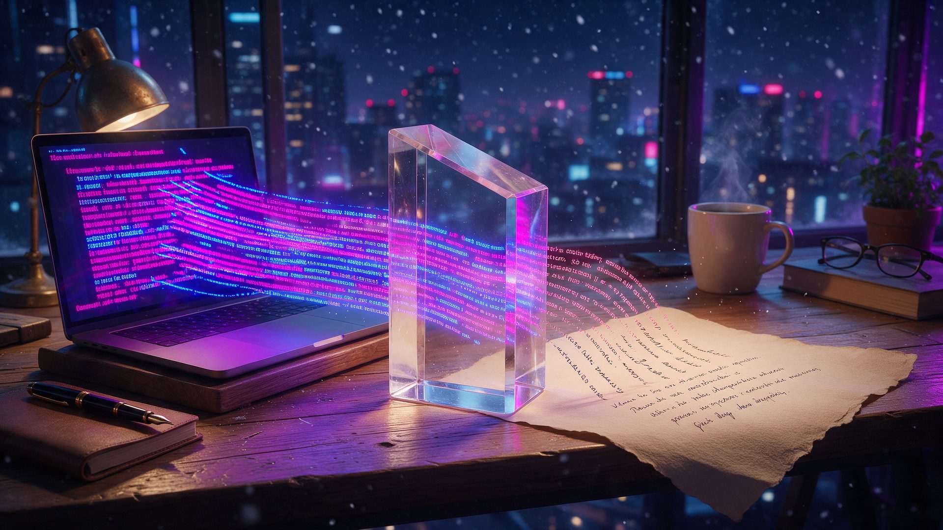 Clever AI Humanizer review concept: robotic text passing through a glass prism and turning into handwriting