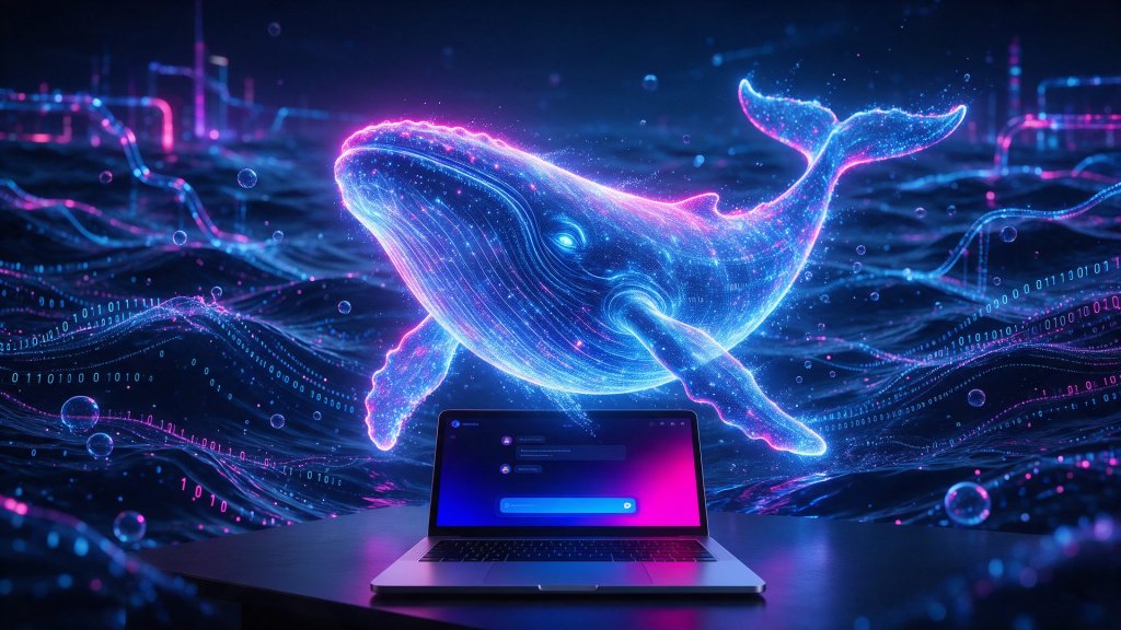 DeepSeek AI review: a glowing whale above a laptop with a chat window