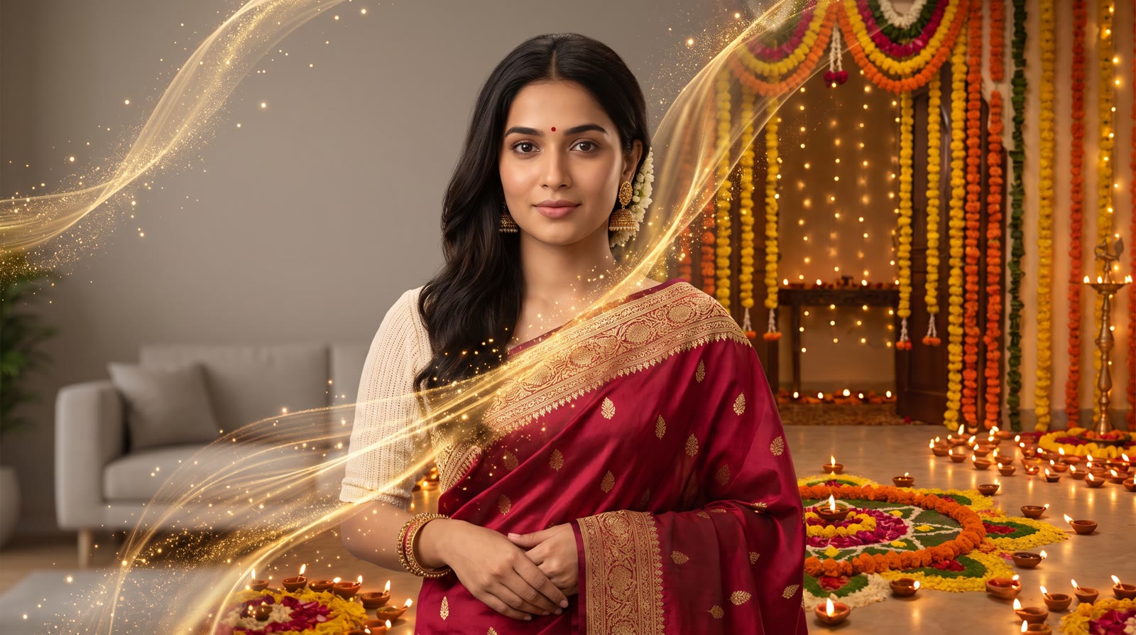 Diwali prompt for Gemini: everyday photo turning into a woman in a red silk saree among diyas and rangoli