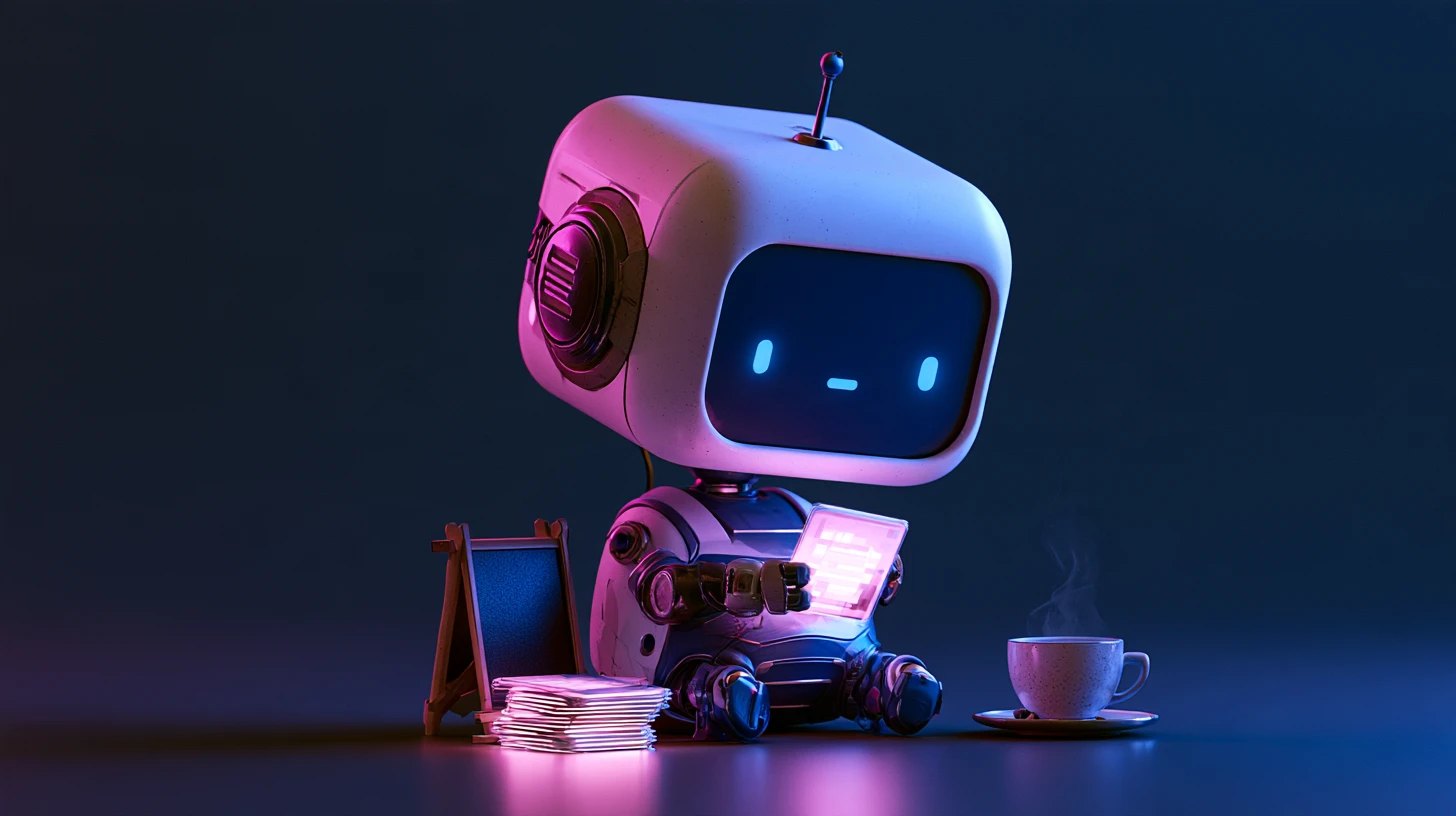 Edcafe AI review: friendly robot tutor with a glowing tablet, flashcards, a small chalkboard and a cup of coffee
