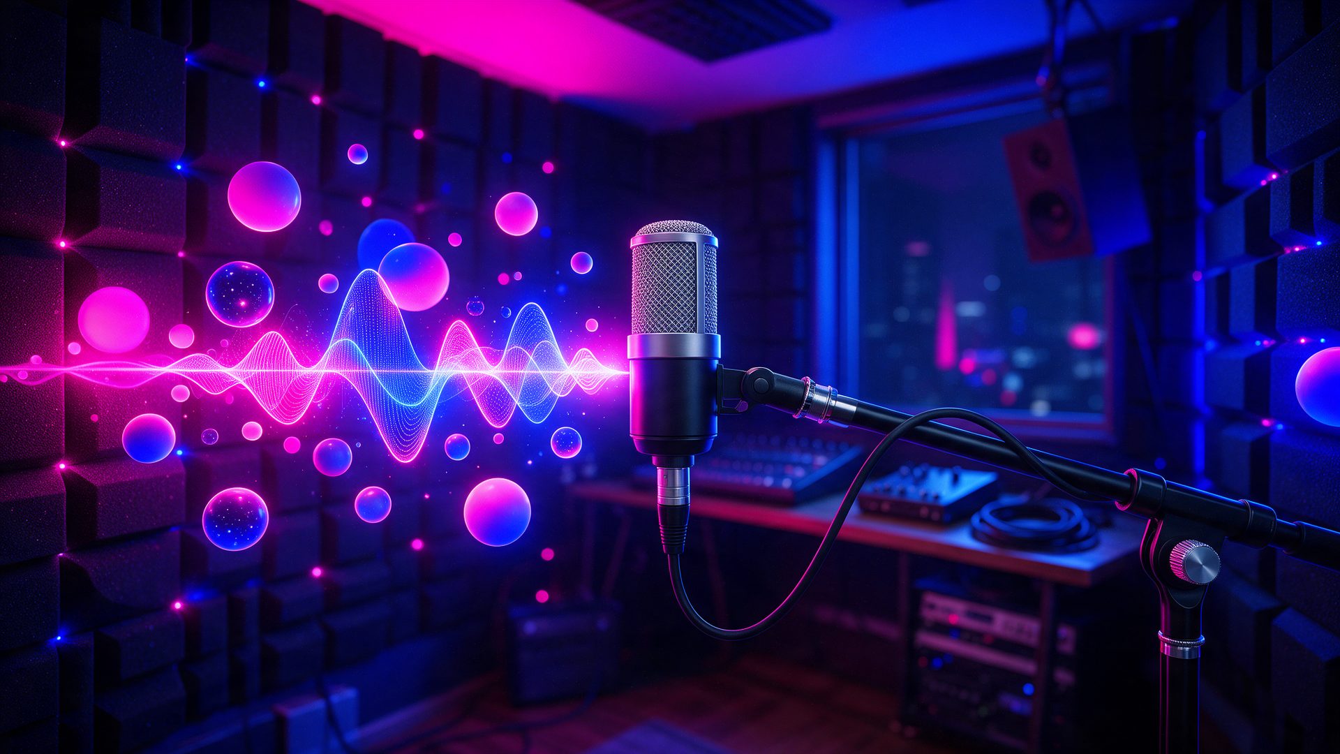 ElevenLabs review: studio microphone facing glowing pink and blue sound waves that stand for AI voices