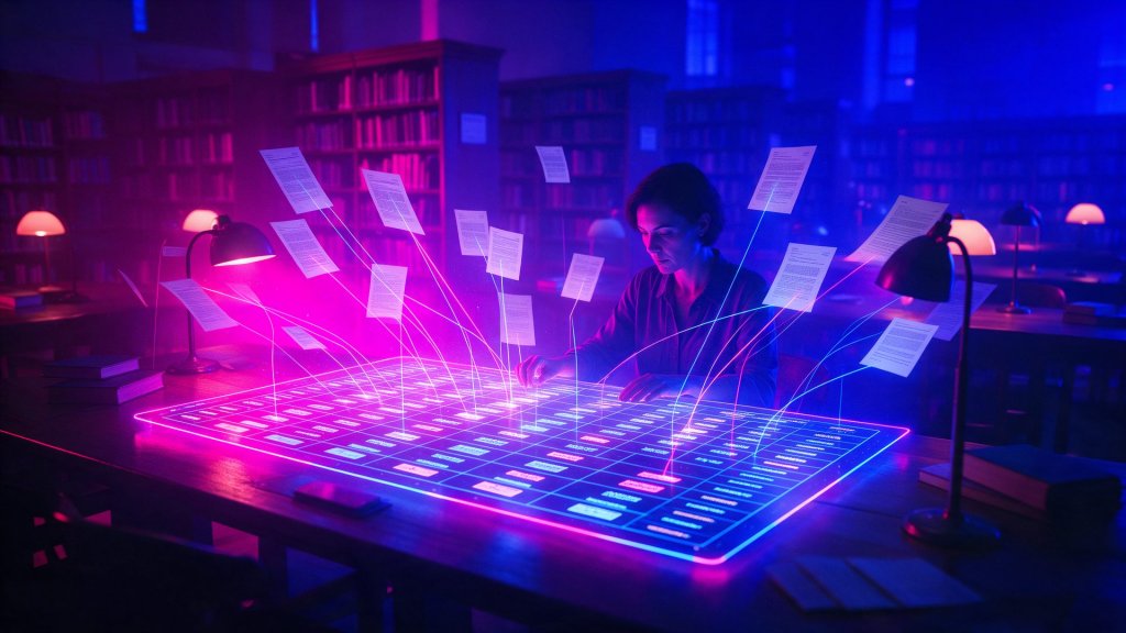 Elicit AI review: a researcher in a library fills a glowing data table from floating academic papers