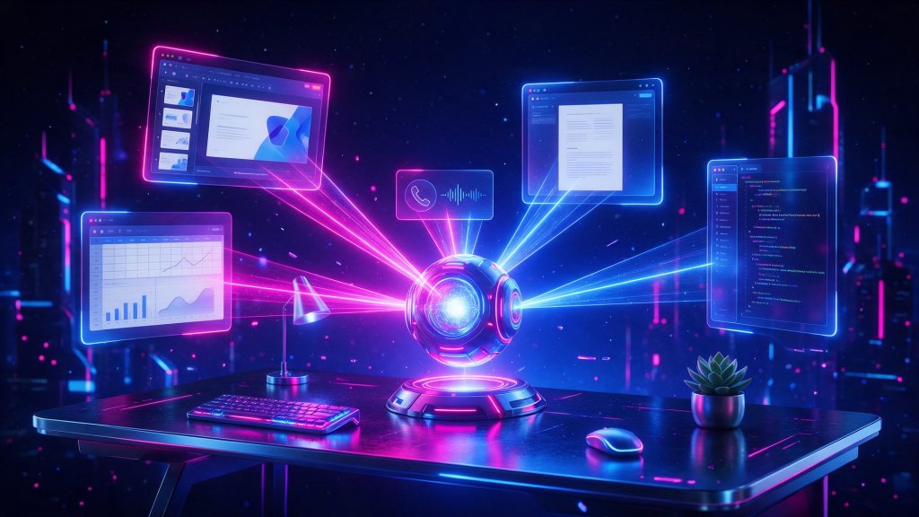 Genspark AI review: an AI core on a desk sending light to floating panels with slides, a sheet, a document, a call and code