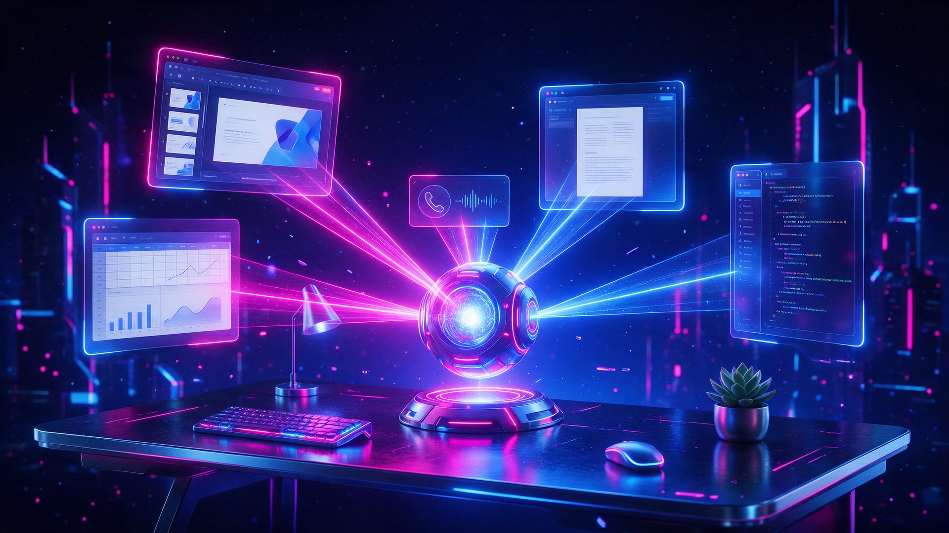 Genspark AI review: an AI core on a desk sending light to floating panels with slides, a sheet, a document, a call and code