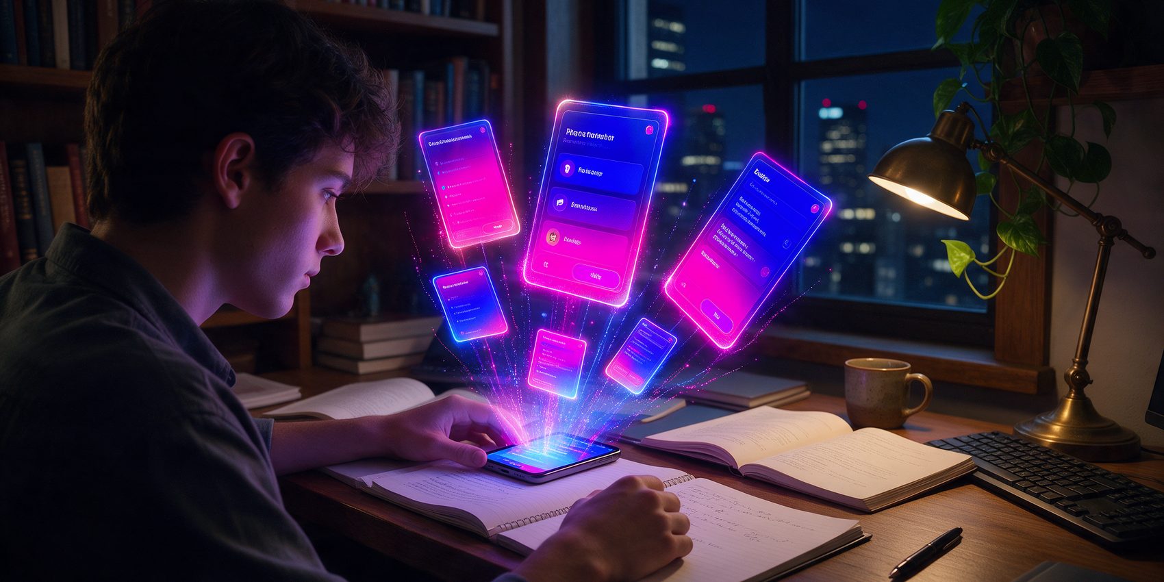 Gizmo AI review: a student studying with glowing AI flashcards above a phone