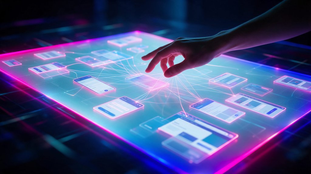 Google Stitch review: a hand arranging glowing app screens on an AI design canvas