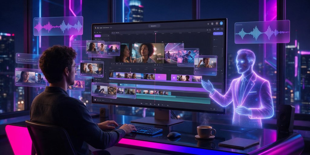 google vids review: AI video editor timeline with an AI avatar presenter