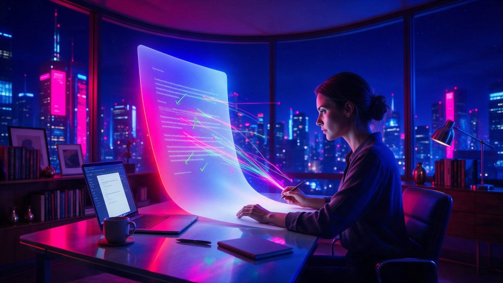 Grammarly review: a writer checking an AI-corrected document at night