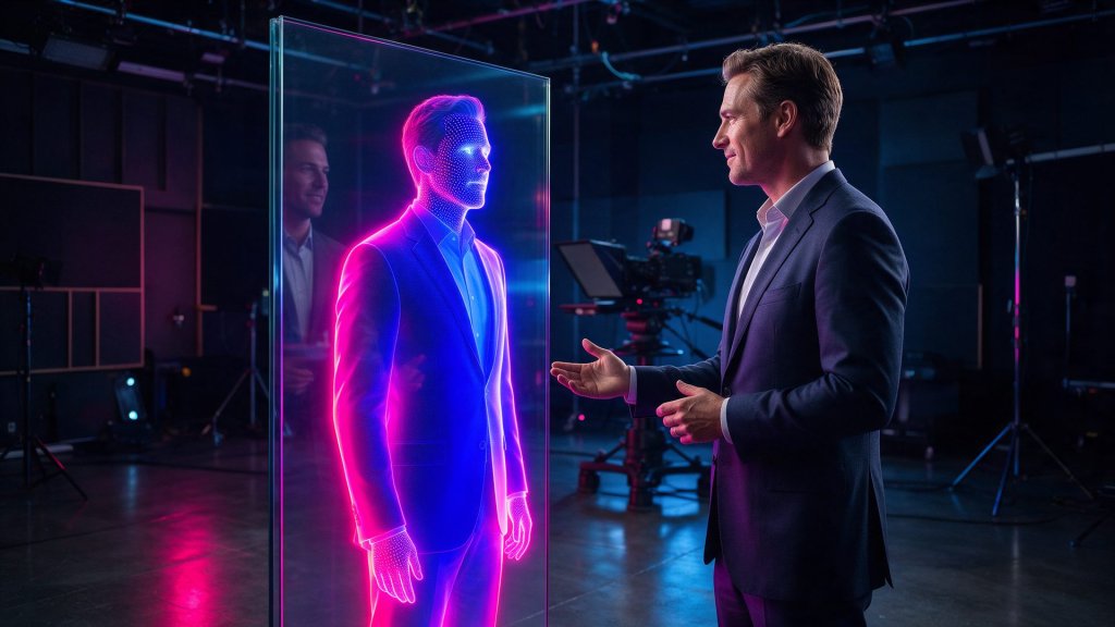 HeyGen review featured image: a presenter facing his holographic AI digital twin in a studio