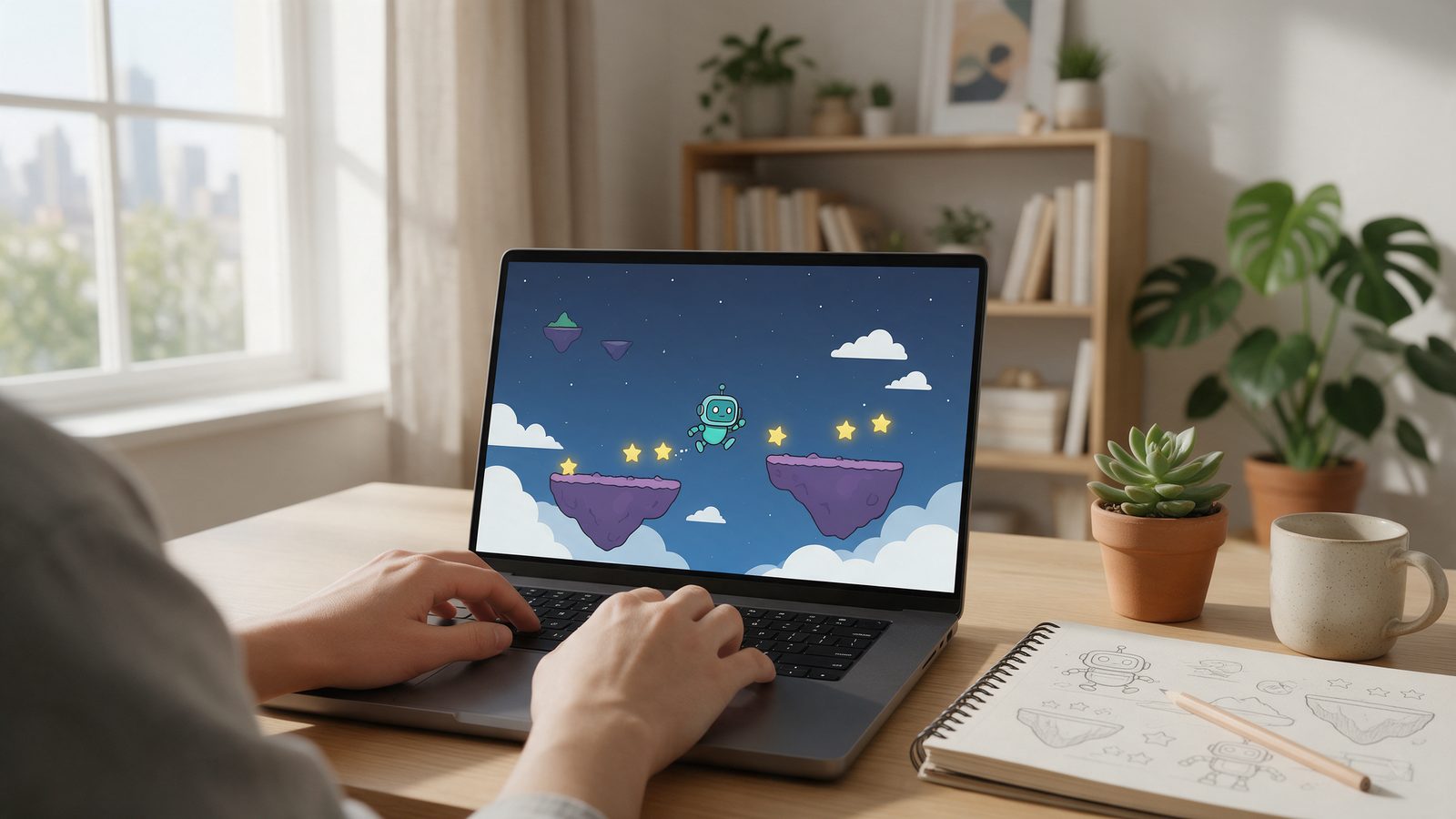 How to make a game with AI: a person prompting a small 2D game on a laptop