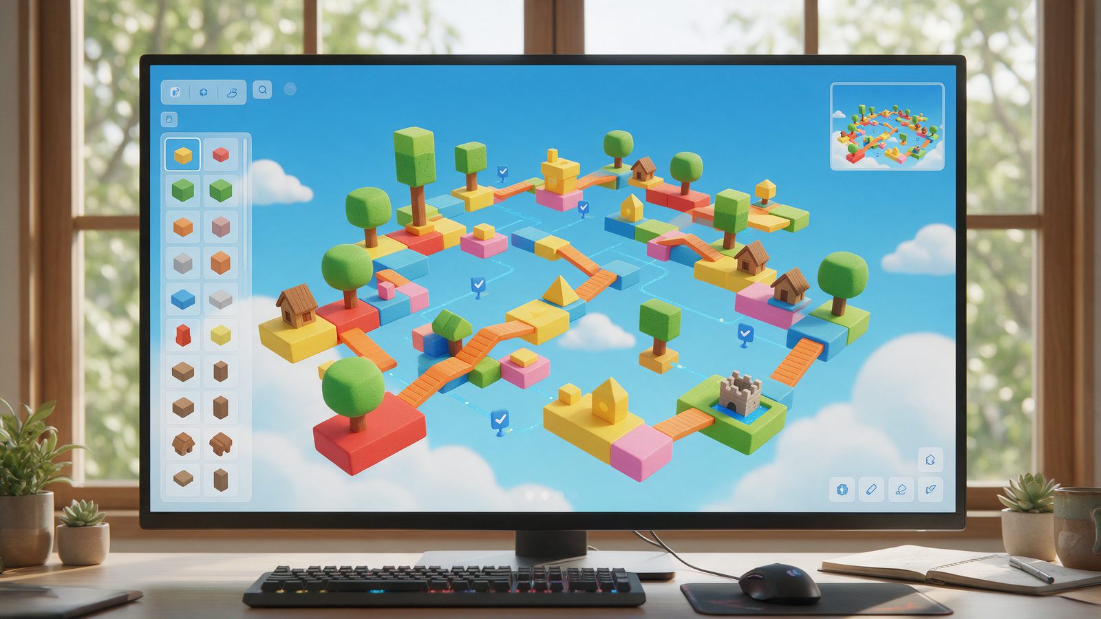 How to make a Roblox game with AI: a blocky obby course open in a game editor on a monitor