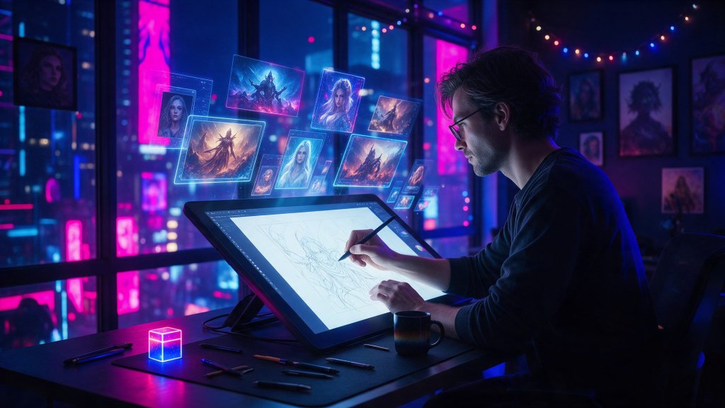 Leonardo AI review: a digital artist sketching on a tablet with AI generated artworks floating above