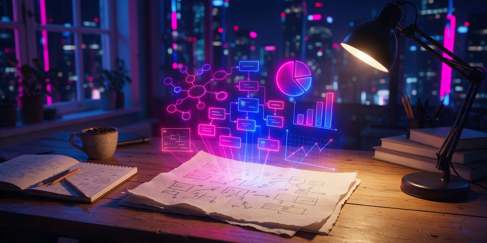 Napkin AI review: glowing diagrams and charts rising from notes on a paper napkin