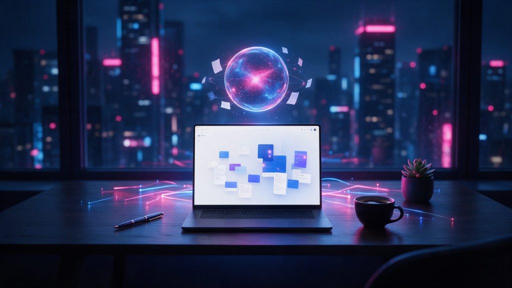 Notion AI review: a laptop with floating note blocks and a glowing AI assistant orb