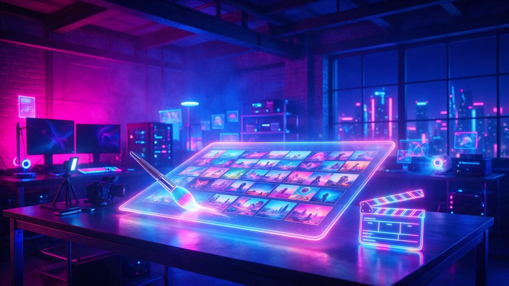 OpenArt AI review: a glowing storyboard of AI images and a film clapper in a neon studio