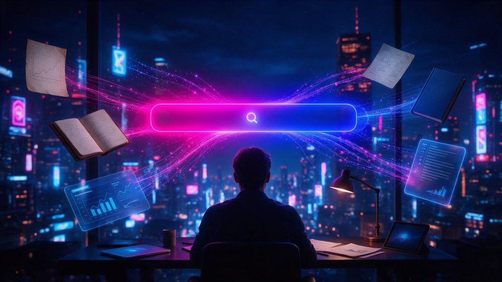 Perplexity AI review: a researcher facing a glowing AI search bar linked to source documents