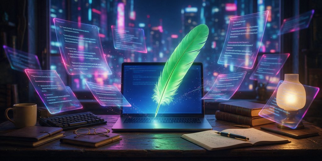 QuillBot review: a glowing green quill above a laptop with sentences rearranging on floating panels