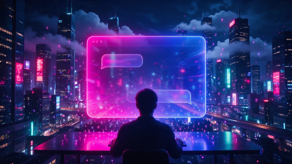 Qwen AI review: a glowing AI chat window above a neon city at night