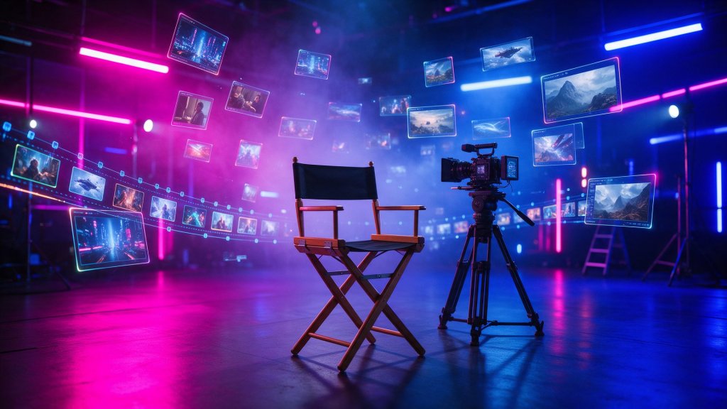 Runway AI review: a director chair and cinema camera surrounded by AI generated video frames