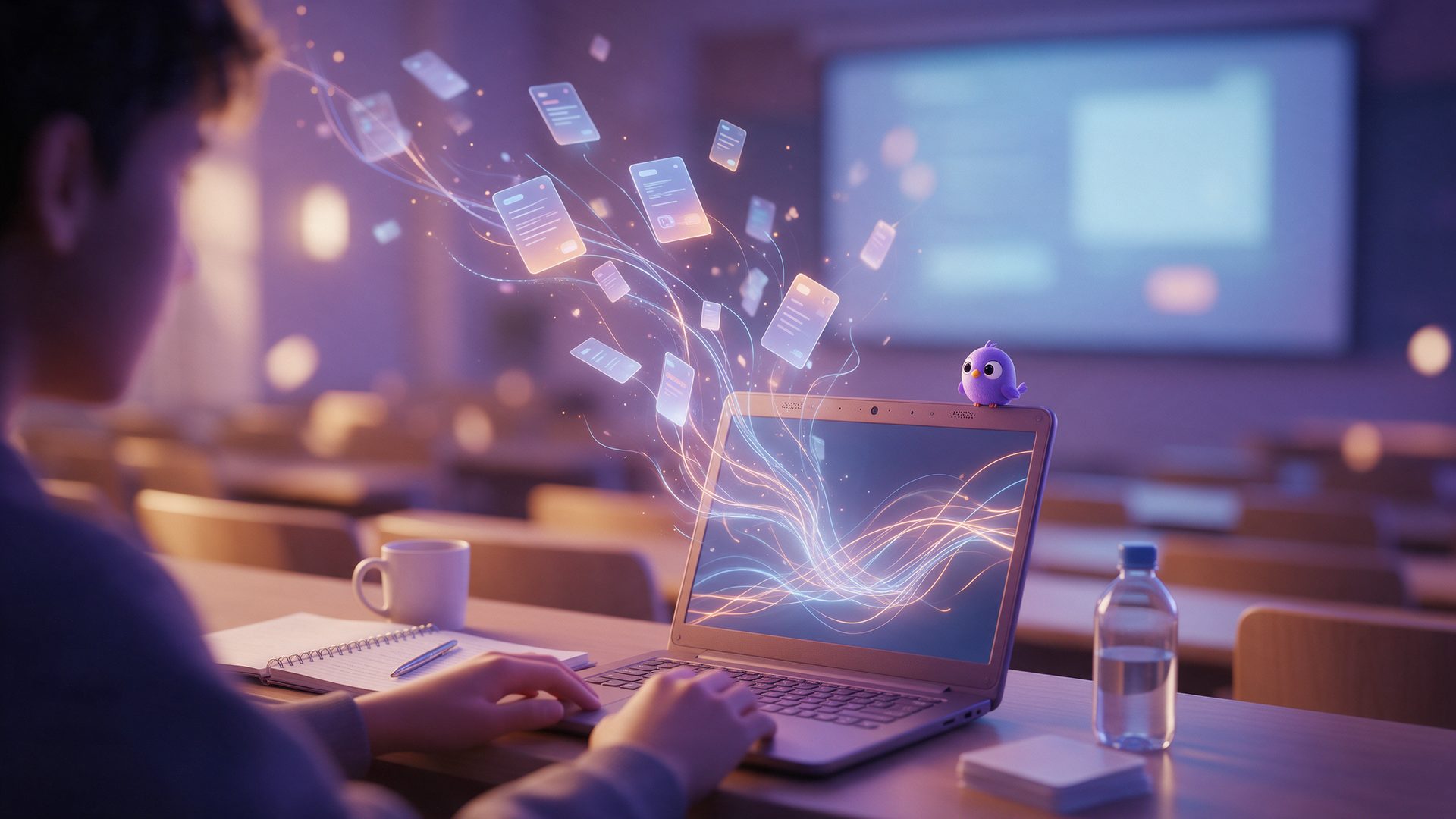 Turbo AI review: a student in a lecture hall with AI notes and flashcards rising from a laptop