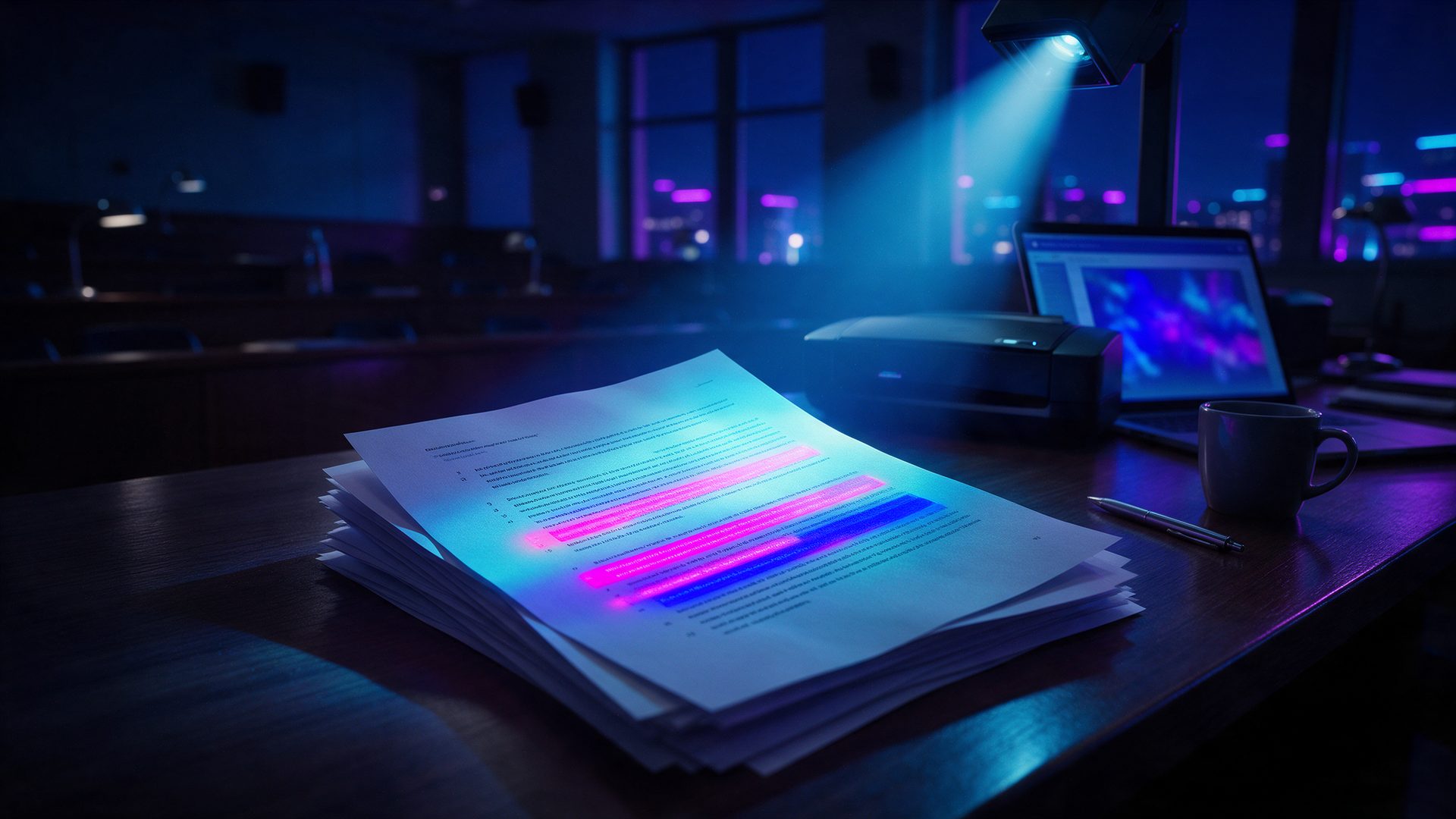 Turnitin review: a student essay scanned for AI writing in a lecture hall