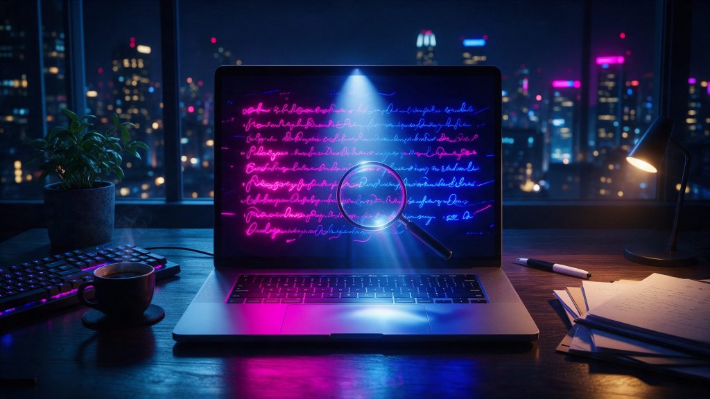 Undetectable AI review: a laptop at night with lines of text under a magnifying lens