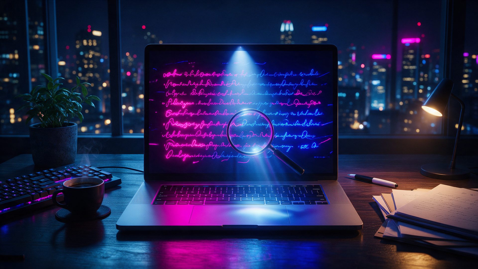Undetectable AI review: a laptop at night with lines of text under a magnifying lens