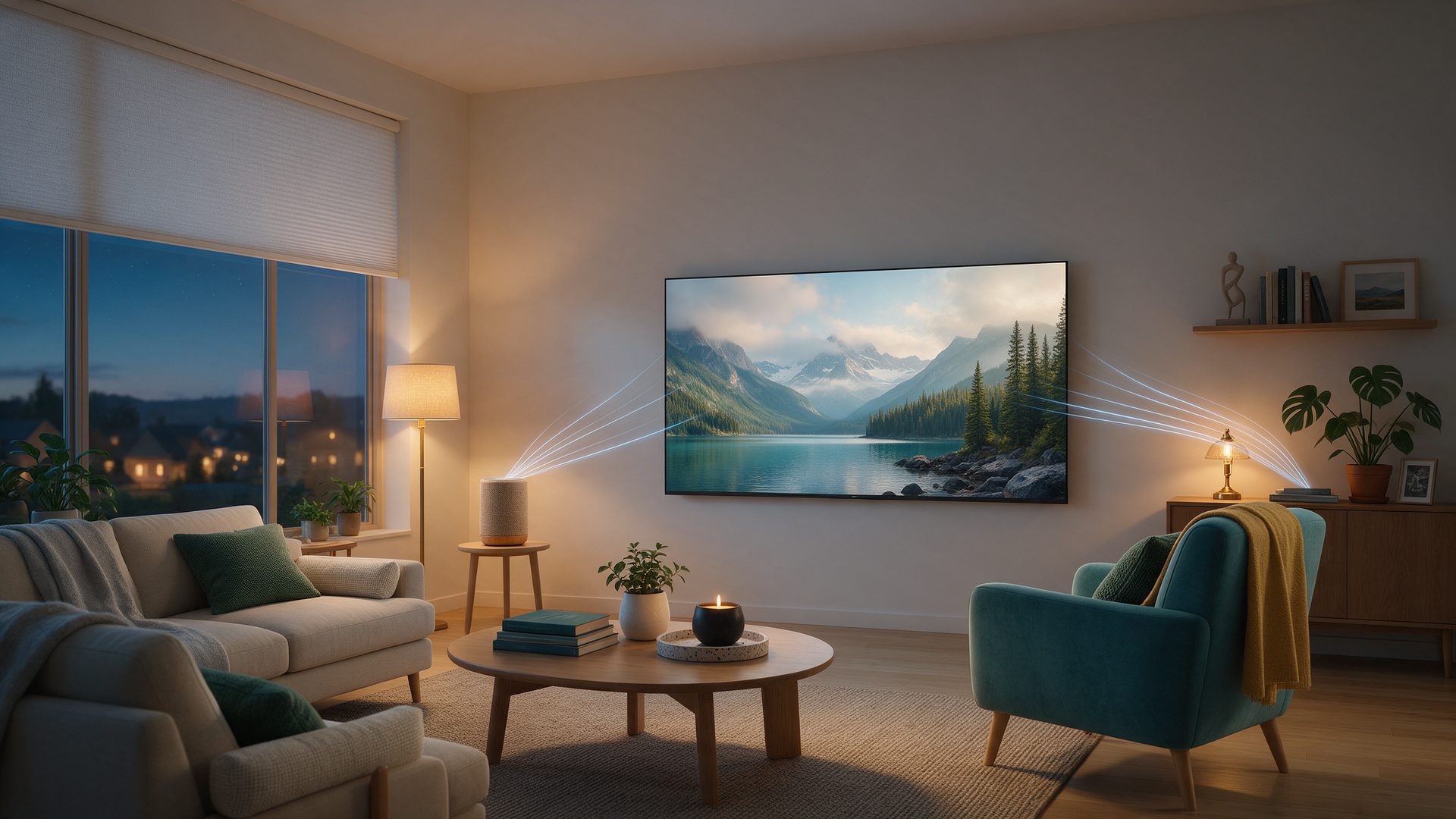 What is an AI TV: a wall-mounted television sensing and adjusting a living room