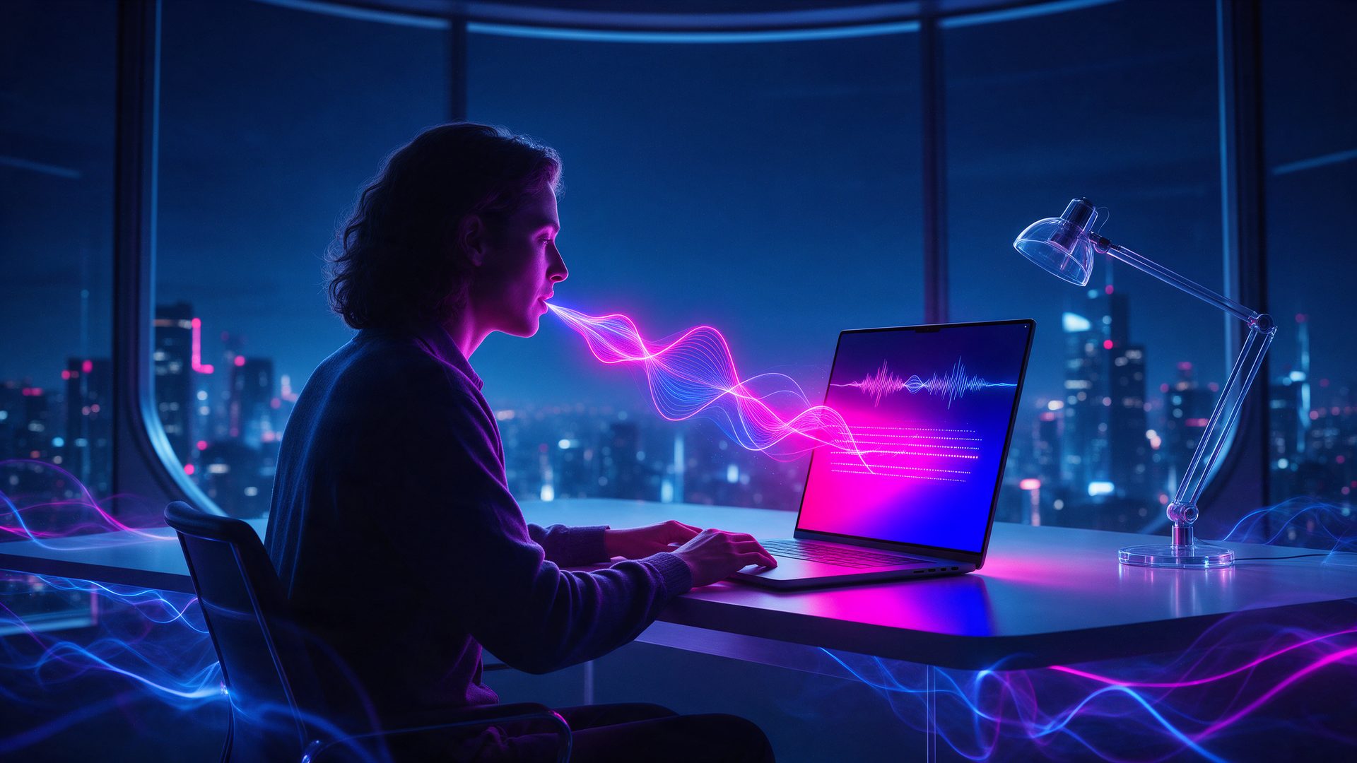 Wispr Flow review concept: a person dictating to a laptop while a glowing voice waveform turns into text