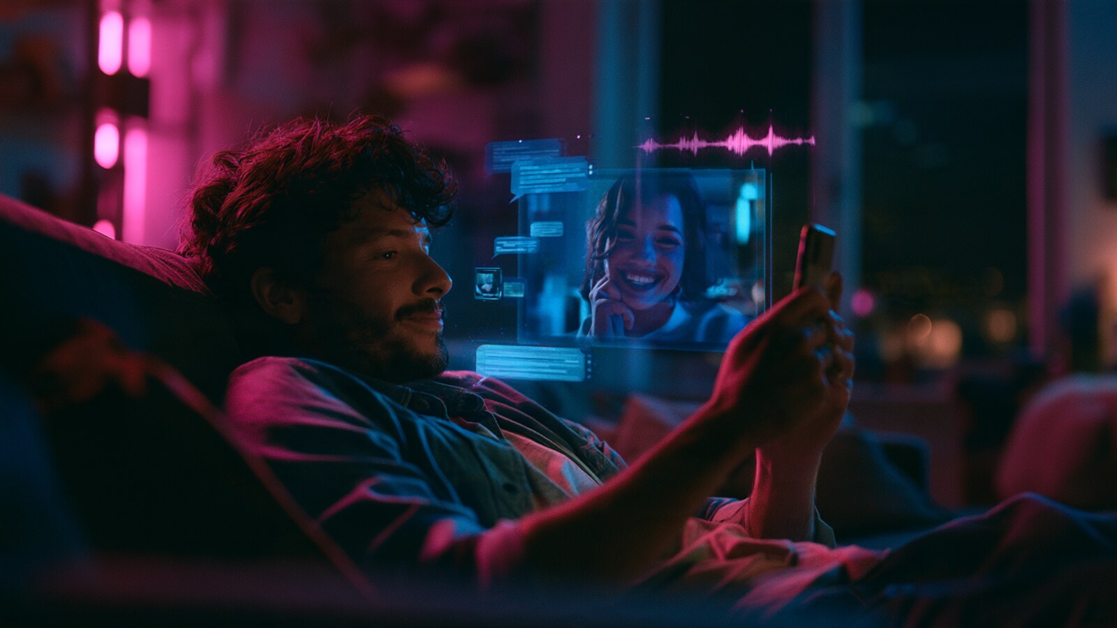 Xeve AI review: a man on a sofa at night video chatting with an AI girlfriend on his phone