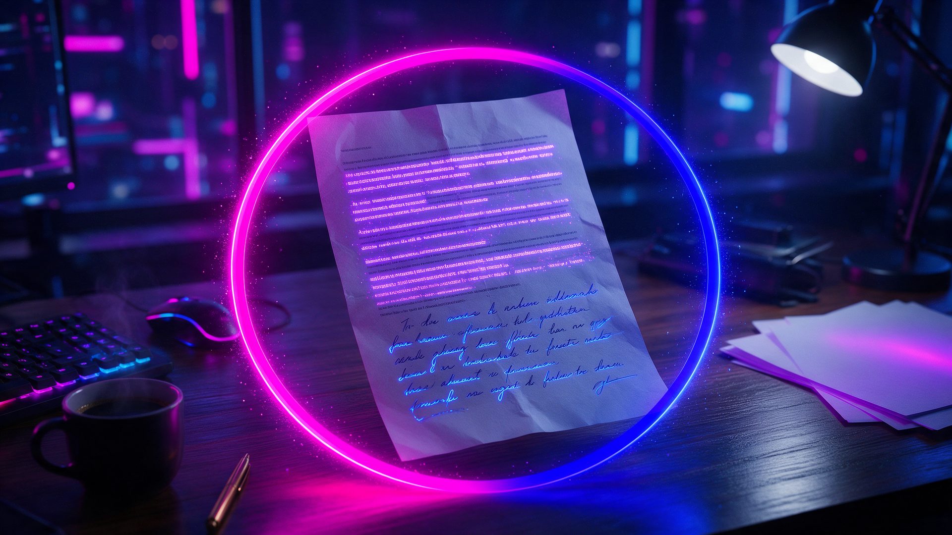 ZeroGPT review: an essay page under a glowing scanning ring on a dark desk