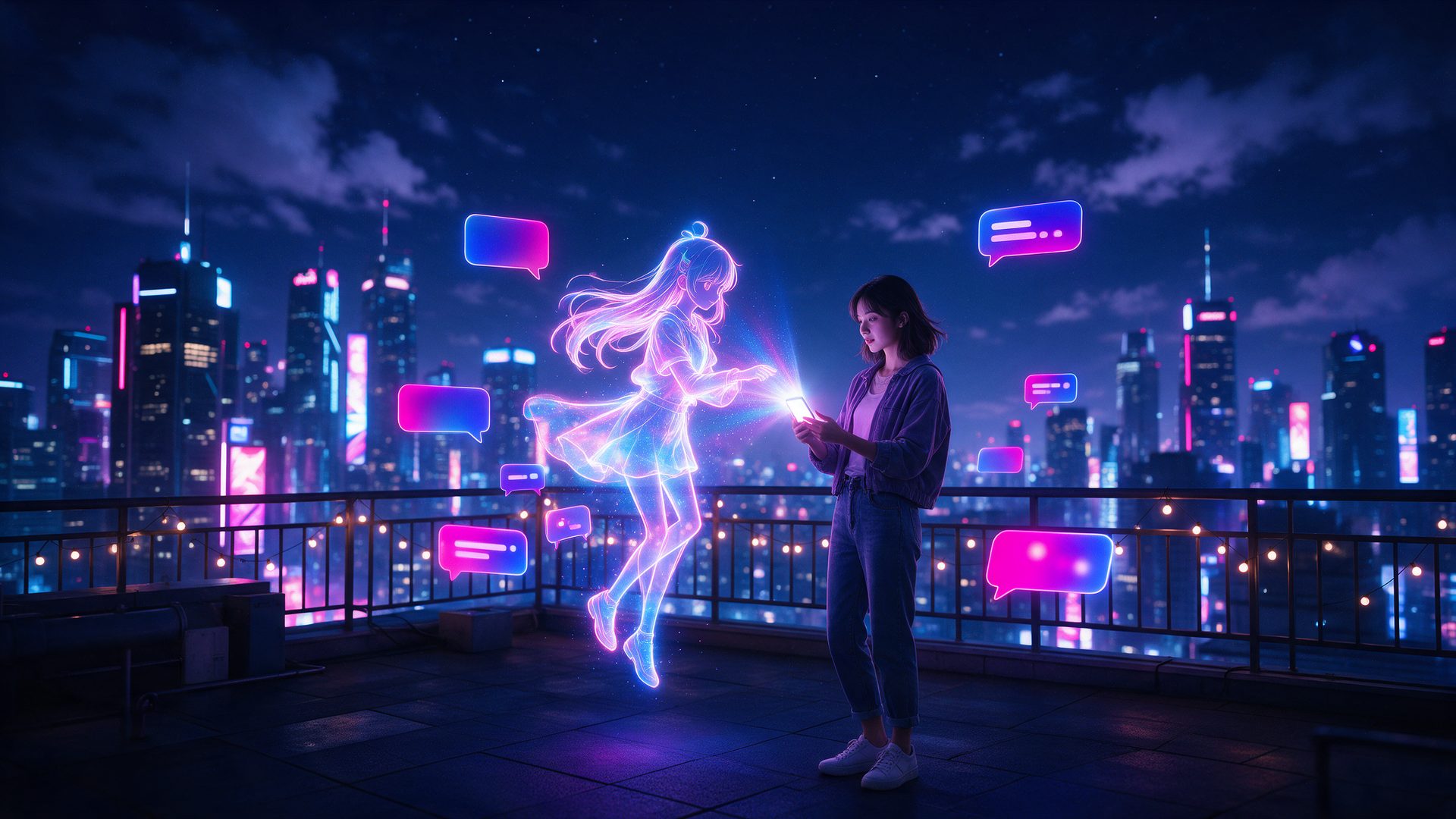 Zeta AI review featured image: a holographic character stepping out of a phone screen during an AI story chat